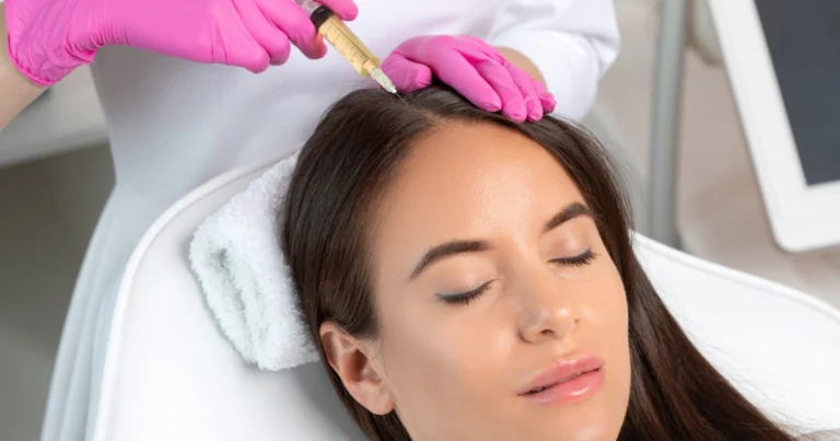 Healthcare professional in pink gloves giving a scalp injection for PRP Therapy in Riverdale, UT.